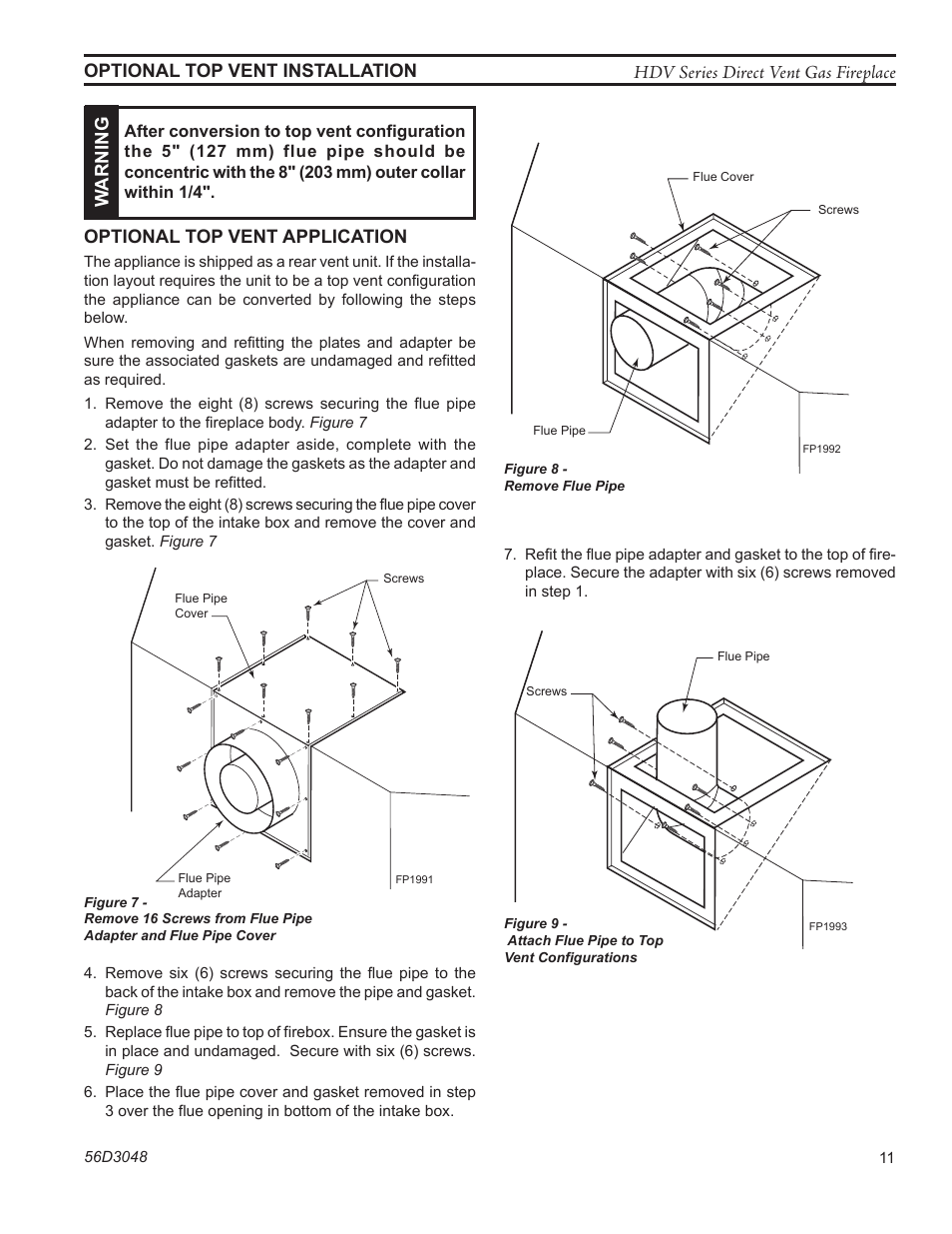 Warning, Fp1992 remove flue pipe, Fp1993 attach flue pipe | Monessen Hearth HDV500NV/PV User Manual | Page 11 / 64