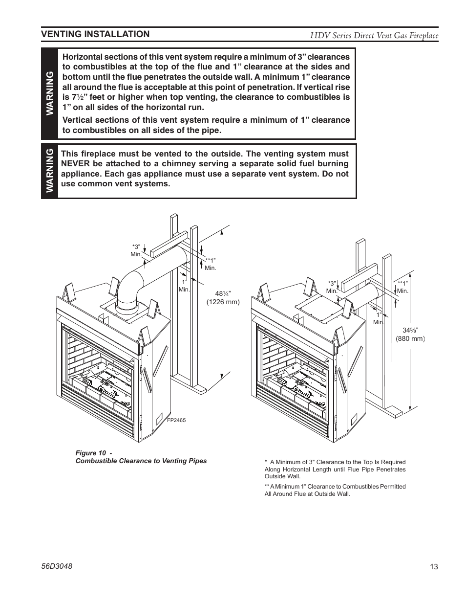 Hdv series direct vent gas fireplace, Warning, Venting installation w arning | Monessen Hearth HDV500NV/PV User Manual | Page 13 / 64