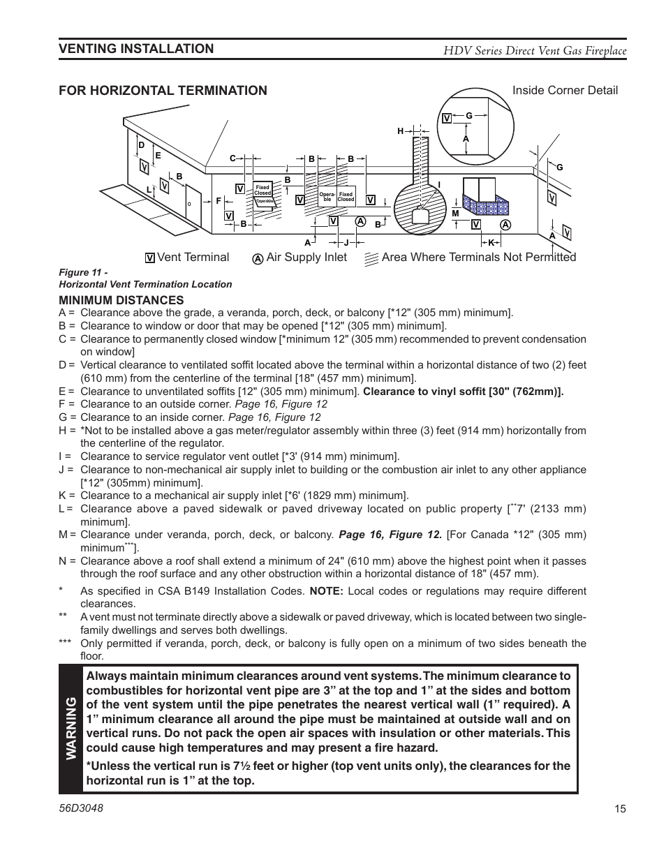 Hdv series direct vent gas fireplace, Venting installation, For horizontal termination | Warning, Minimum distances | Monessen Hearth HDV500NV/PV User Manual | Page 15 / 64
