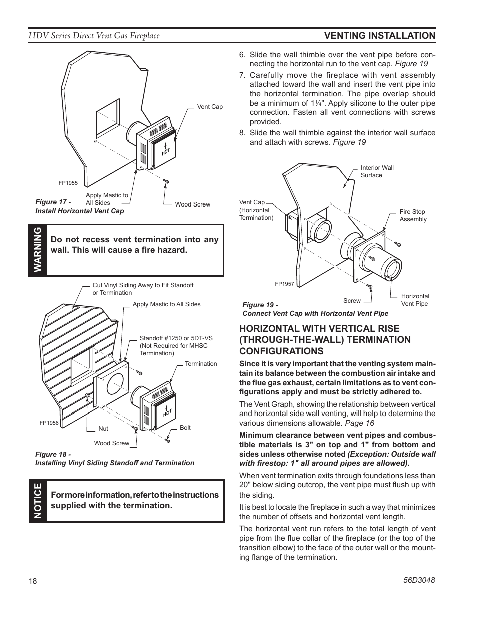 Fp1955 horizontal vent cap, Hdv series direct vent gas fireplace, Venting installation | Warning, Fp1956 vinyl siding standoff, Not ic e, Fp1957 install firestop | Monessen Hearth HDV500NV/PV User Manual | Page 18 / 64