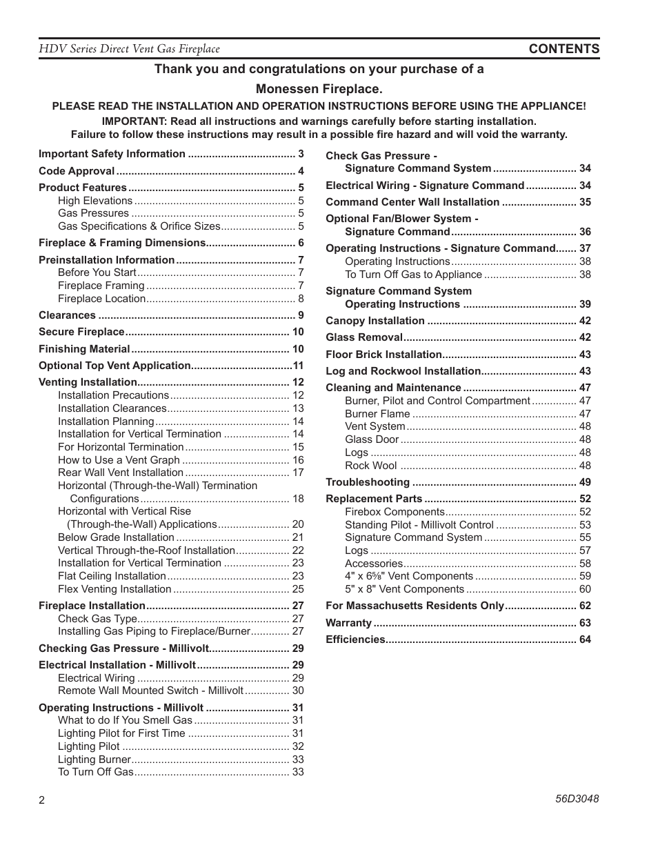 Monessen Hearth HDV500NV/PV User Manual | Page 2 / 64