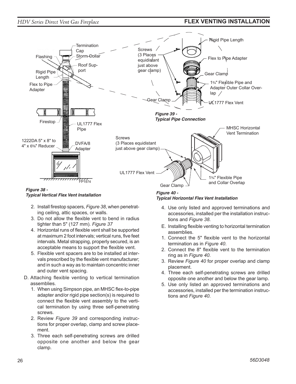 Hdv series direct vent gas fireplace, Fp1975 pipe connection, Fp1976 horizontal flex | Flex venting installation | Monessen Hearth HDV500NV/PV User Manual | Page 26 / 64