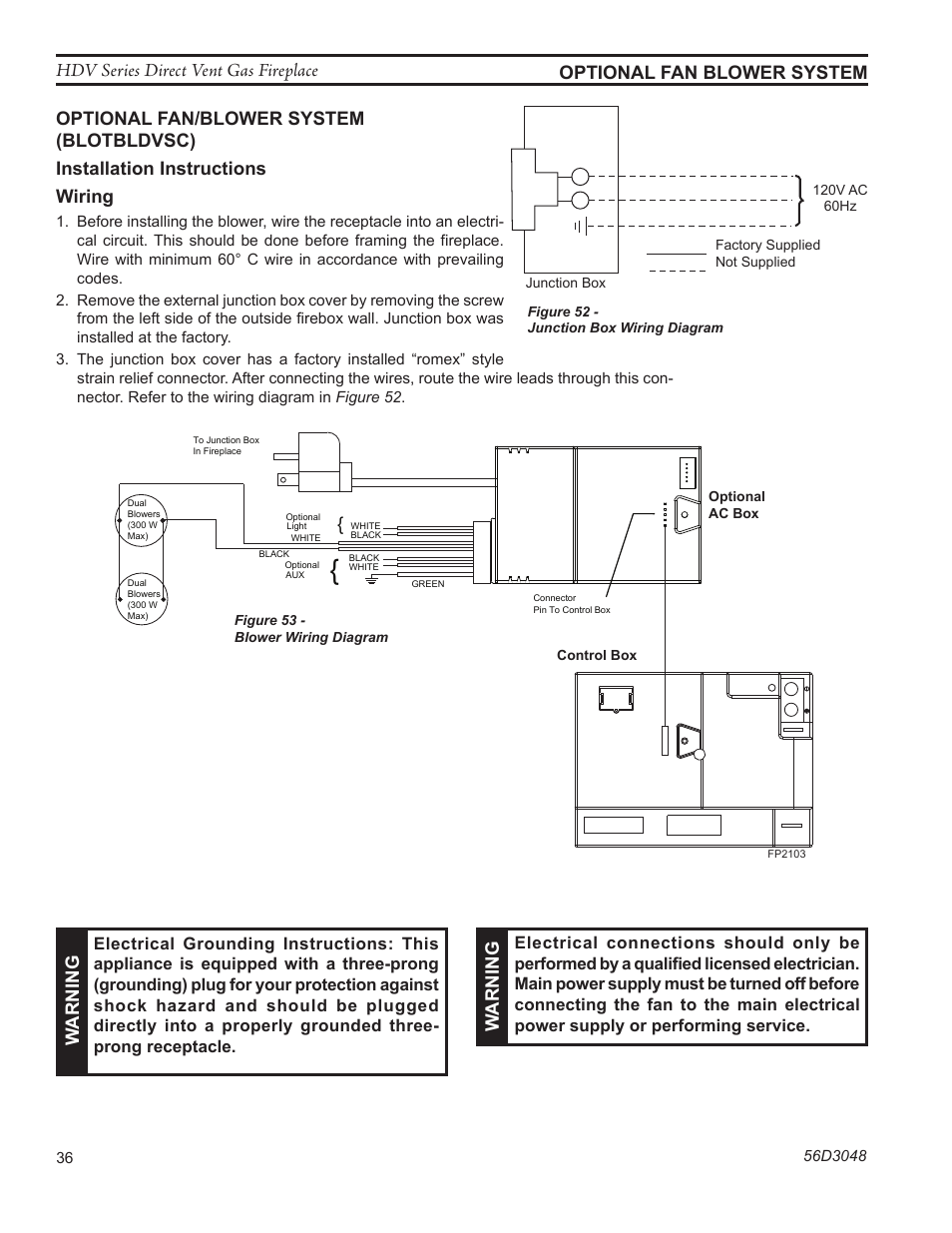 Hdv series direct vent gas fireplace, Fp2103 ac fan wiring, Optional fan blower system | Warning | Monessen Hearth HDV500NV/PV User Manual | Page 36 / 64