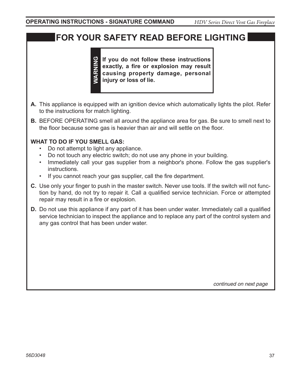 For your safety read before lighting | Monessen Hearth HDV500NV/PV User Manual | Page 37 / 64