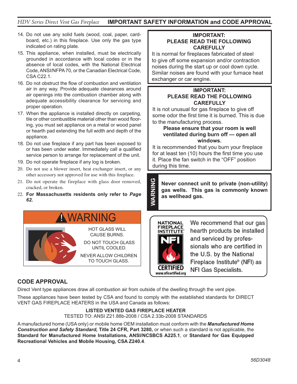 Warning | Monessen Hearth HDV500NV/PV User Manual | Page 4 / 64