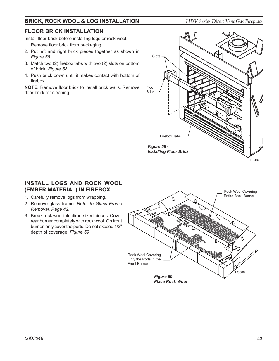 Lg686 hdv rock wool, Fp2486 install floor brick | Monessen Hearth HDV500NV/PV User Manual | Page 43 / 64