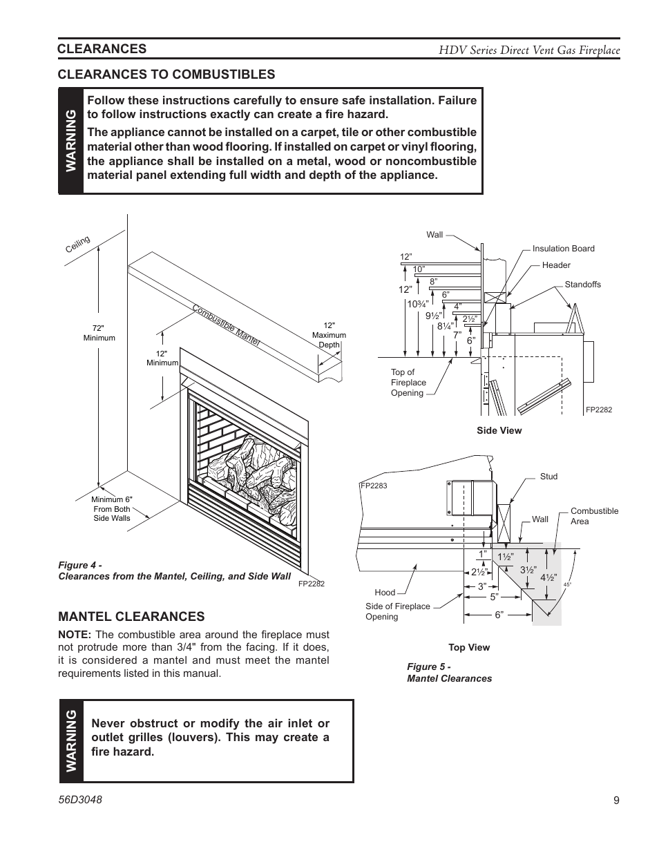 Hdv series direct vent gas fireplace clearances, Clearances to combustibles mantel clearances, Warning w arning | Fp2282 mantel clearance | Monessen Hearth HDV500NV/PV User Manual | Page 9 / 64