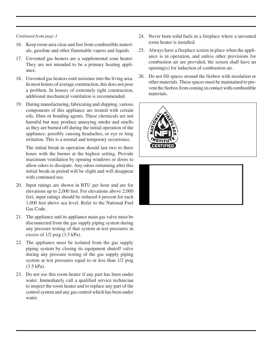 Warning, Important safety information | Monessen Hearth Unvented Vent-Free Fireboxes BUF500 User Manual | Page 4 / 20