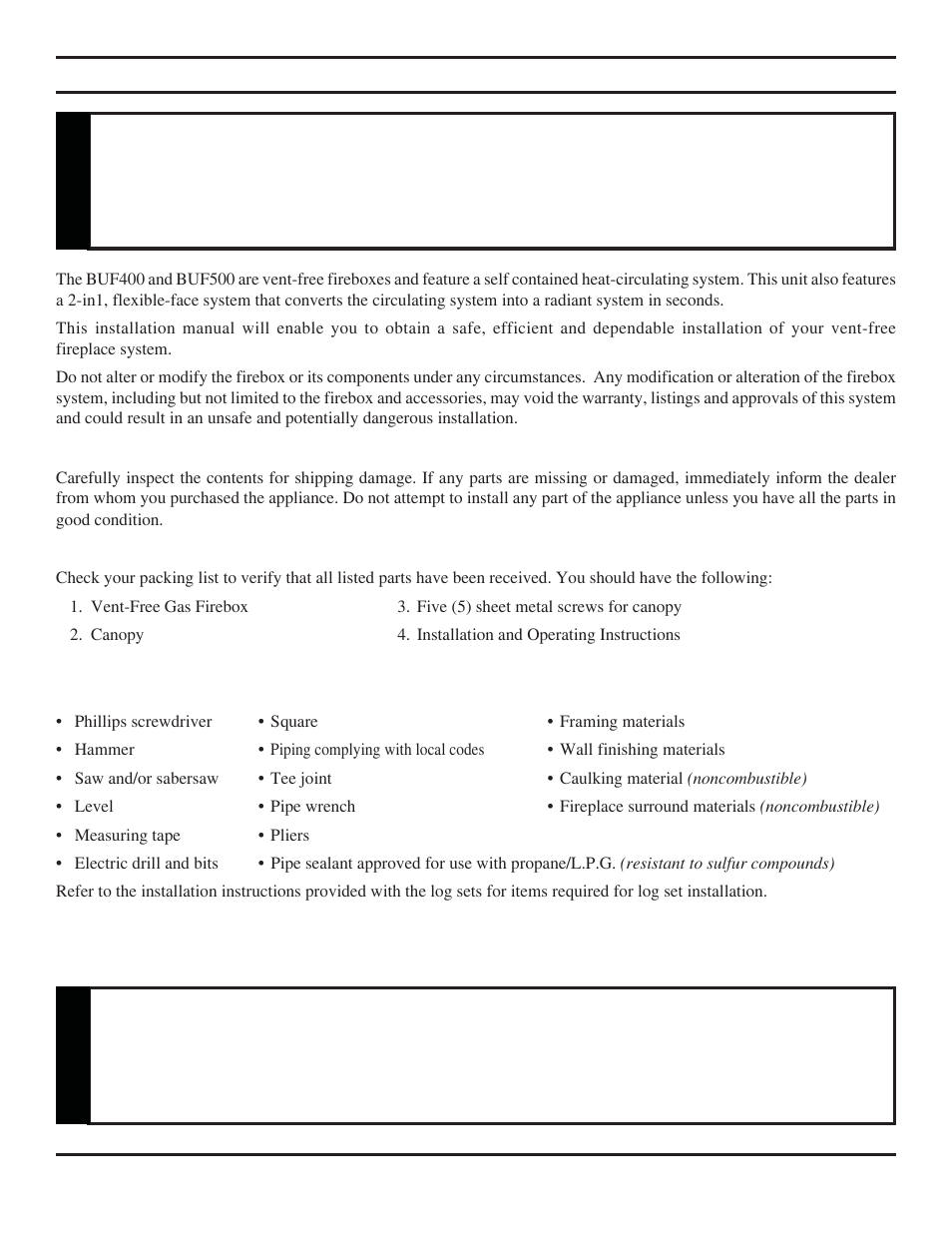 Product features, Warning, Notice | Monessen Hearth Unvented Vent-Free Fireboxes BUF500 User Manual | Page 5 / 20