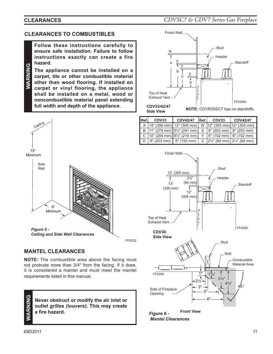 Cdvsc7 & cdv7 series gas fireplace, Mantel clearances, Wa r n in g | Monessen Hearth CDVR33N/PV7;N/PE7;N/PSC7 User Manual | Page 11 / 68