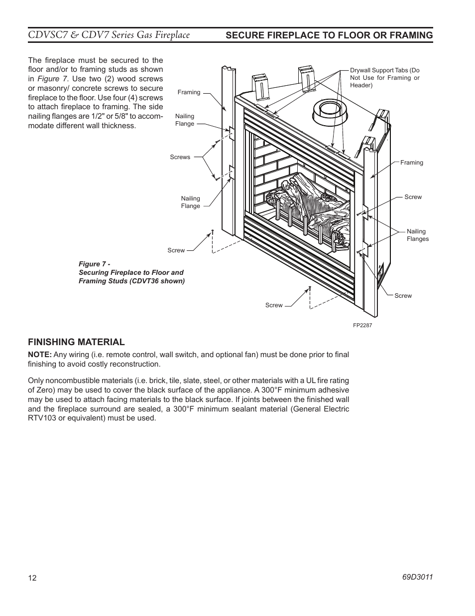 Cdvsc7 & cdv7 series gas fireplace, Fp2287 secure fireplace, Secure fireplace to floor or framing | Finishing material | Monessen Hearth CDVR33N/PV7;N/PE7;N/PSC7 User Manual | Page 12 / 68