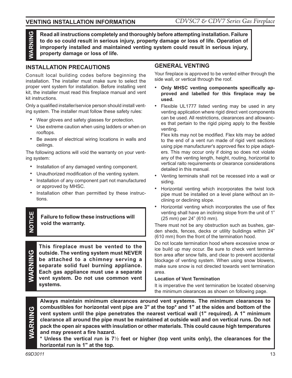 Cdvsc7 & cdv7 series gas fireplace, Wa r n in g | Monessen Hearth CDVR33N/PV7;N/PE7;N/PSC7 User Manual | Page 13 / 68