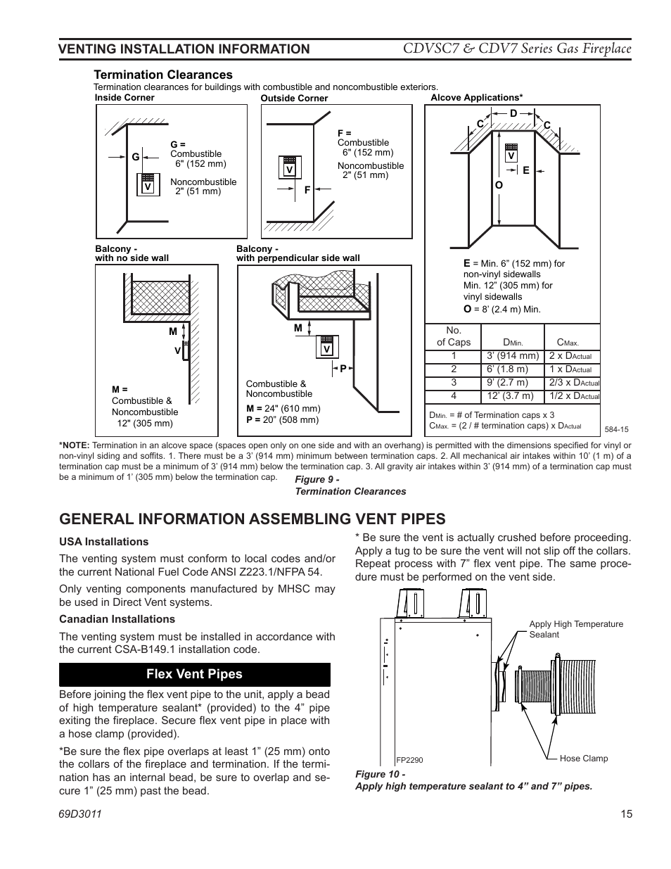 Cdvsc7 & cdv7 series gas fireplace, General information assembling vent pipes, Fp2290 flex vent | Venting installation information, Flex vent pipes, Termination clearances | Monessen Hearth CDVR33N/PV7;N/PE7;N/PSC7 User Manual | Page 15 / 68