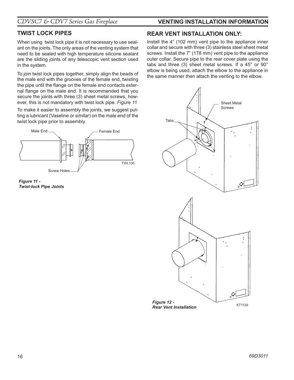 Cdvsc7 & cdv7 series gas fireplace, Twist lock pipes, Kt1129 cdv add rear vent | Monessen Hearth CDVR33N/PV7;N/PE7;N/PSC7 User Manual | Page 16 / 68