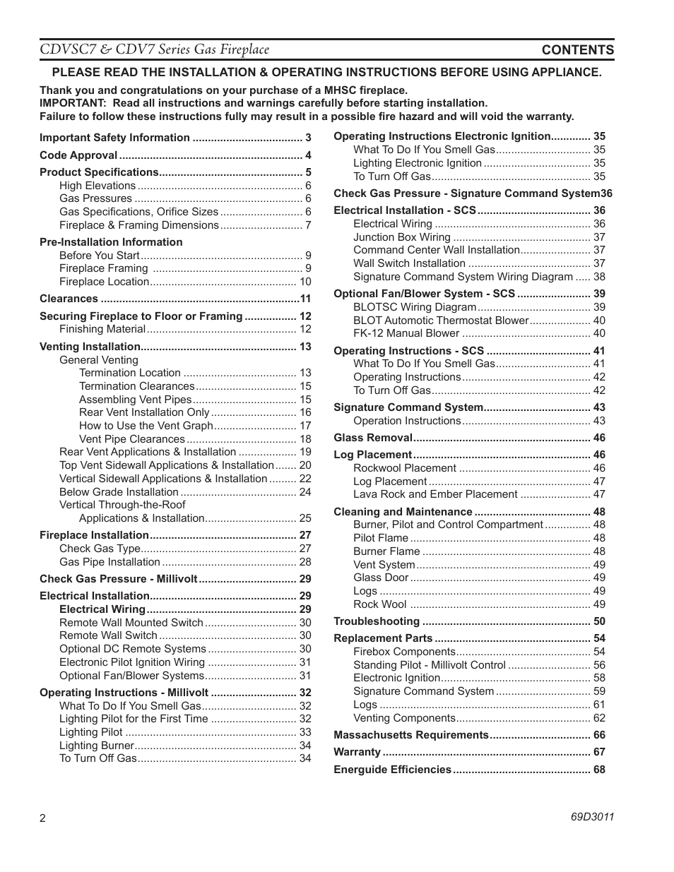 Cdvsc7 & cdv7 series gas fireplace | Monessen Hearth CDVR33N/PV7;N/PE7;N/PSC7 User Manual | Page 2 / 68
