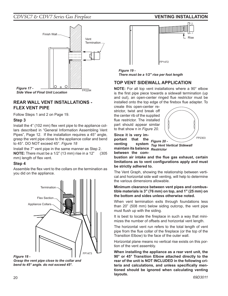 Cdvsc7 & cdv7 series gas fireplace, Venting installation, Rear wall vent installations - flex vent pipe | Top vent sidewall application | Monessen Hearth CDVR33N/PV7;N/PE7;N/PSC7 User Manual | Page 20 / 68