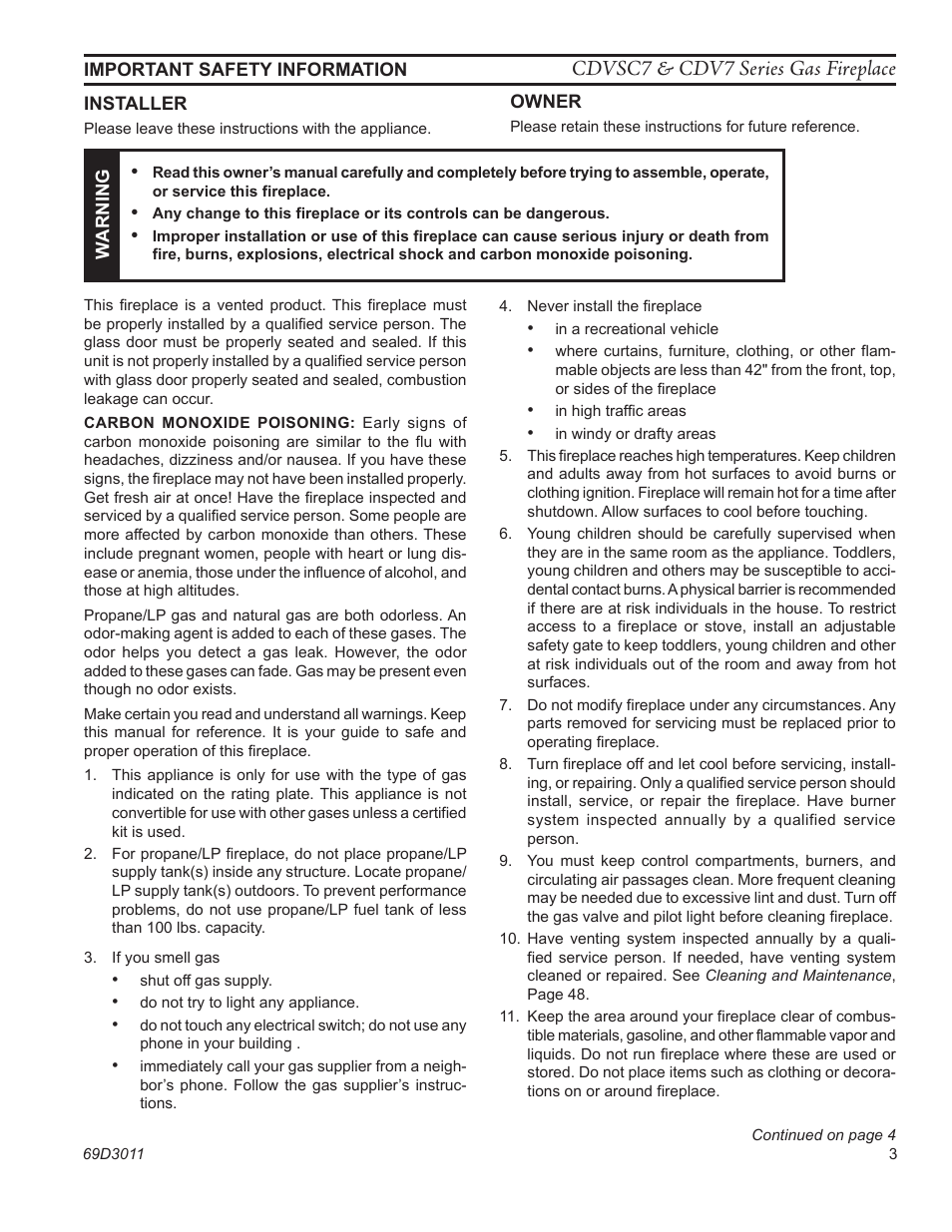 Cdvsc7 & cdv7 series gas fireplace | Monessen Hearth CDVR33N/PV7;N/PE7;N/PSC7 User Manual | Page 3 / 68