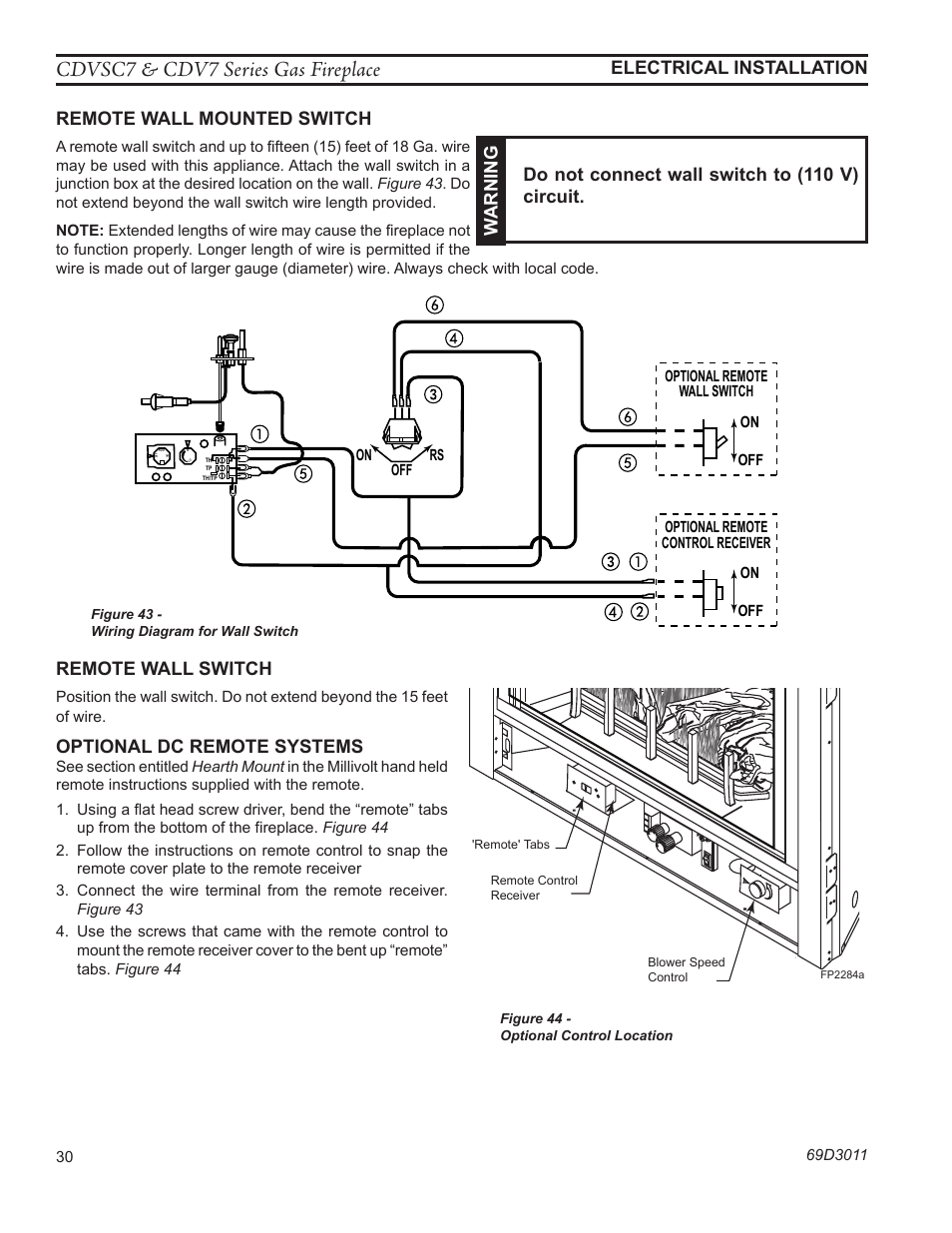 Cdvsc7 & cdv7 series gas fireplace, Electrical installation remote wall switch, Optional dc remote systems | Monessen Hearth CDVR33N/PV7;N/PE7;N/PSC7 User Manual | Page 30 / 68