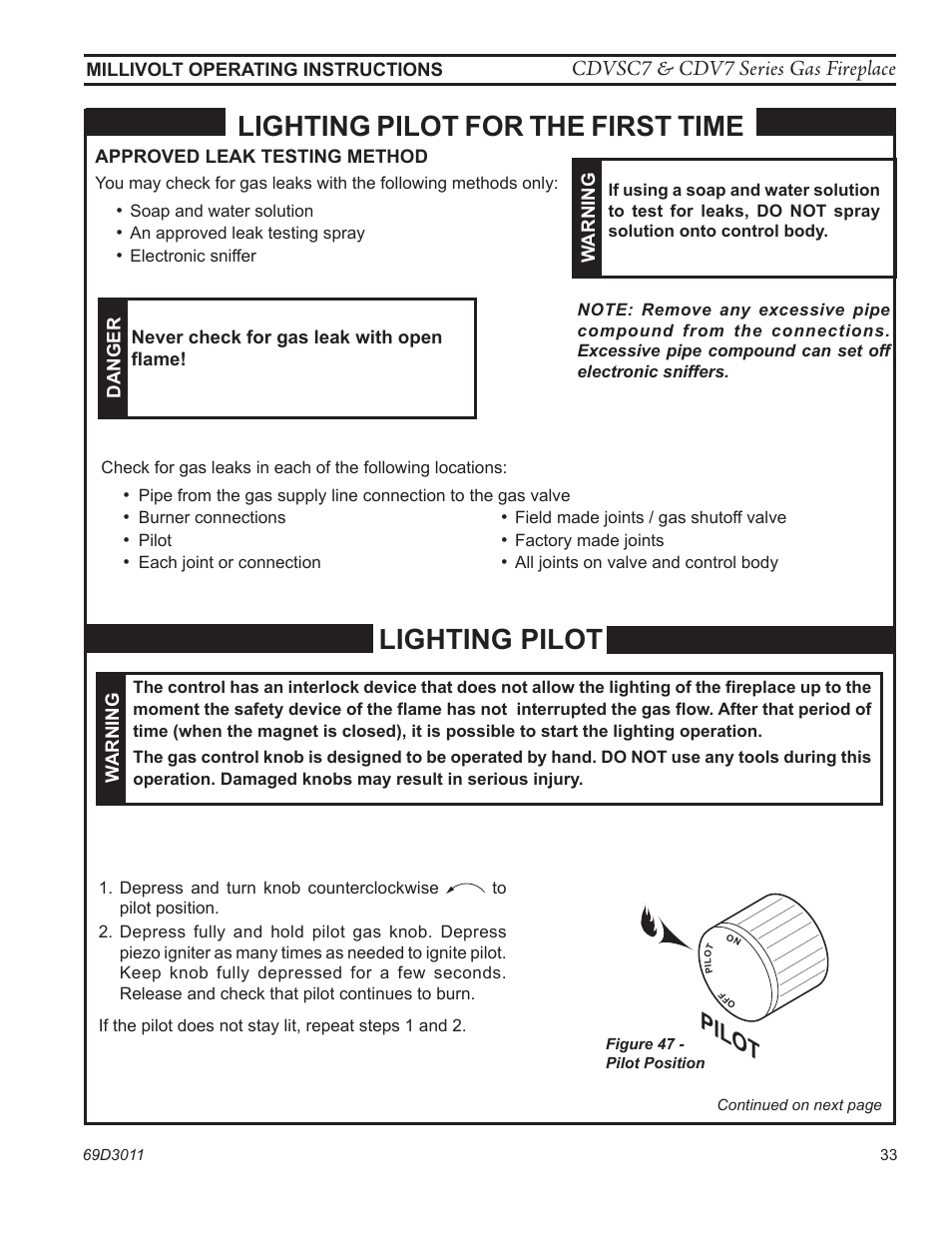 Lighting pilot, Lighting pilot for the first time, Pilot | Cdvsc7 & cdv7 series gas fireplace | Monessen Hearth CDVR33N/PV7;N/PE7;N/PSC7 User Manual | Page 33 / 68