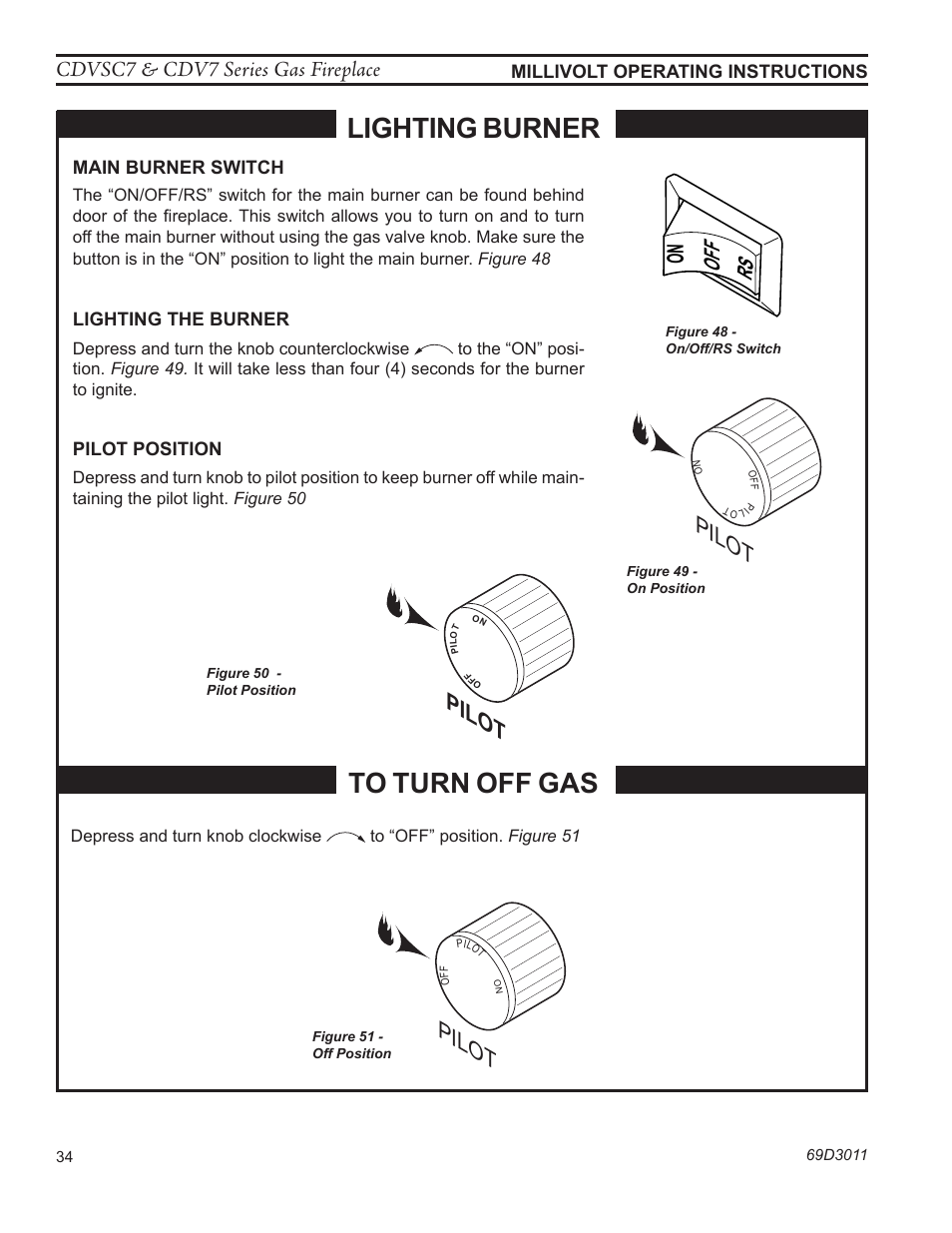 Lighting burner, Pilot, Cdvsc7 & cdv7 series gas fireplace | Monessen Hearth CDVR33N/PV7;N/PE7;N/PSC7 User Manual | Page 34 / 68