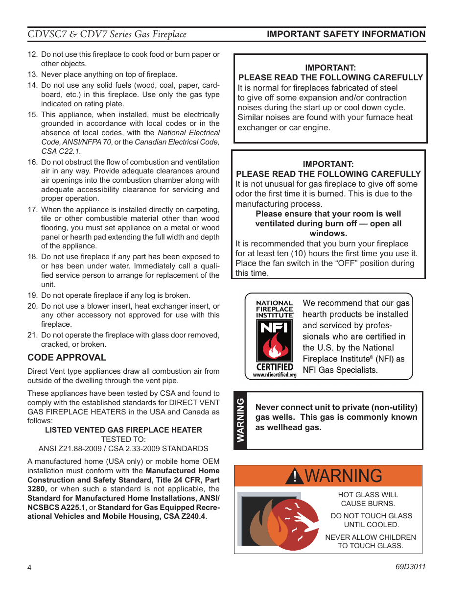 Warning, Cdvsc7 & cdv7 series gas fireplace | Monessen Hearth CDVR33N/PV7;N/PE7;N/PSC7 User Manual | Page 4 / 68