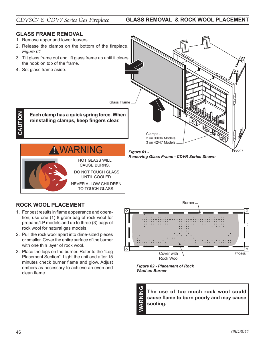 Warning, Fp2648 bdv rock wool place, Cdvsc7 & cdv7 series gas fireplace | Monessen Hearth CDVR33N/PV7;N/PE7;N/PSC7 User Manual | Page 46 / 68