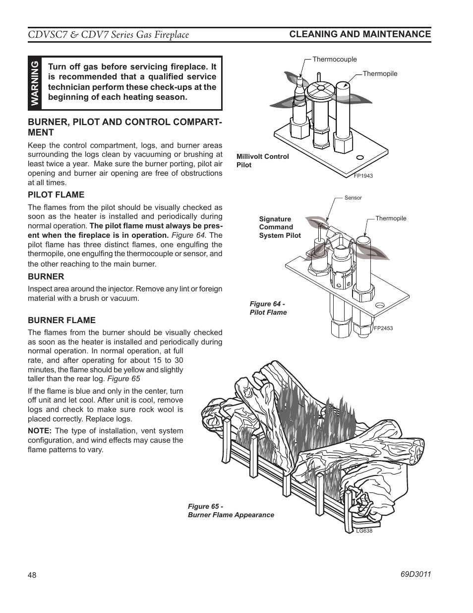 Lg638 cdv7 log flame, Cdvsc7 & cdv7 series gas fireplace | Monessen Hearth CDVR33N/PV7;N/PE7;N/PSC7 User Manual | Page 48 / 68