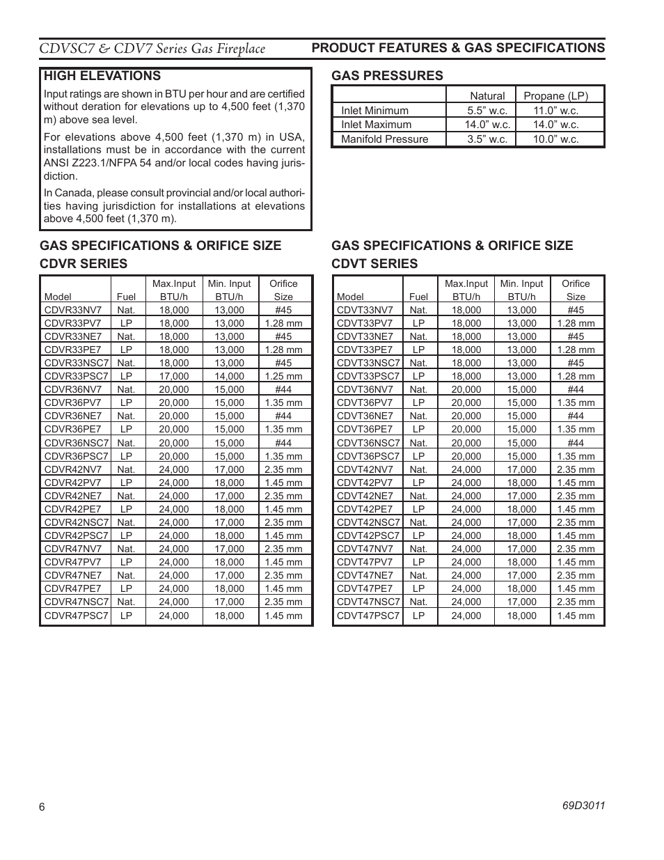 Cdvsc7 & cdv7 series gas fireplace, Gas pressures high elevations, Gas specifications & orifice size cdvr series | Monessen Hearth CDVR33N/PV7;N/PE7;N/PSC7 User Manual | Page 6 / 68