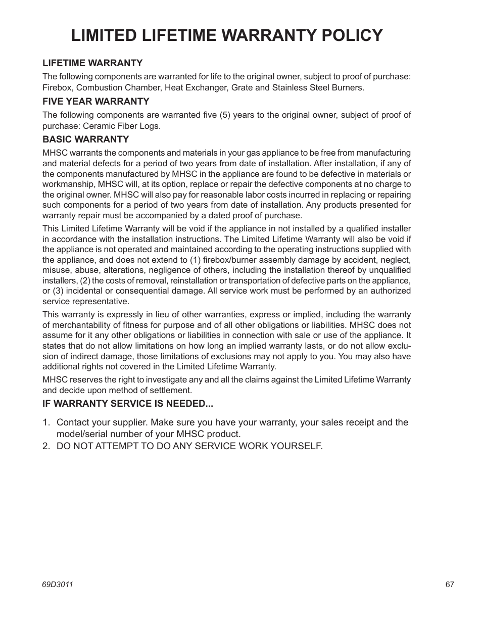 Limited lifetime warranty policy | Monessen Hearth CDVR33N/PV7;N/PE7;N/PSC7 User Manual | Page 67 / 68