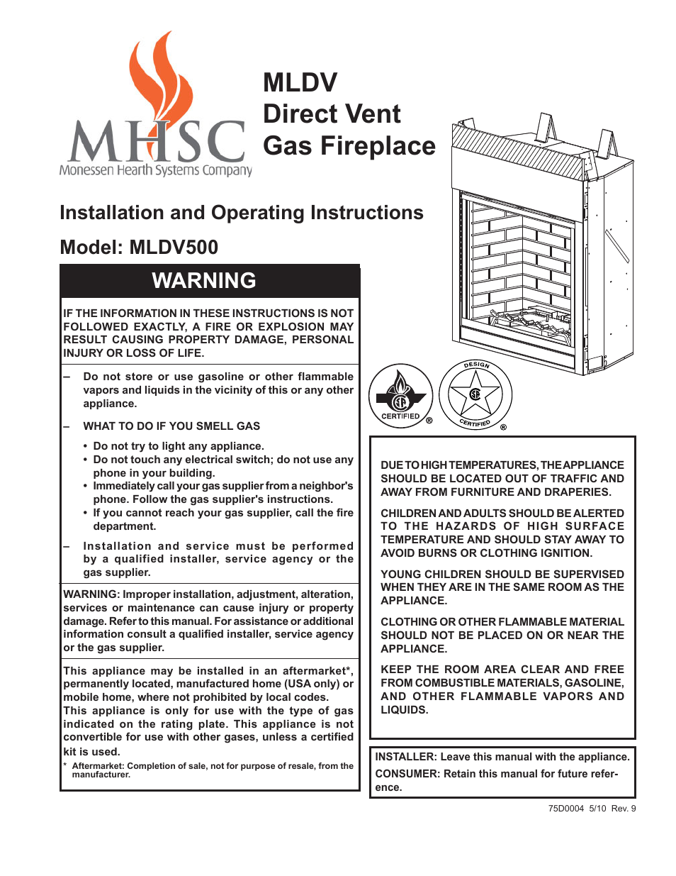 Monessen Hearth DIRECT VENT MLDV500 User Manual | 68 pages