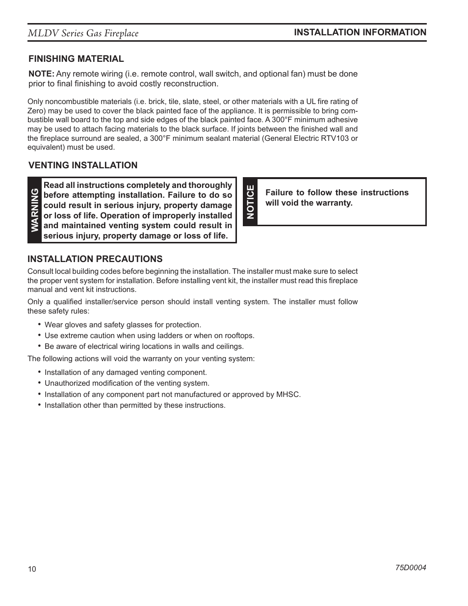 Mldv series gas fireplace | Monessen Hearth DIRECT VENT MLDV500 User Manual | Page 10 / 68