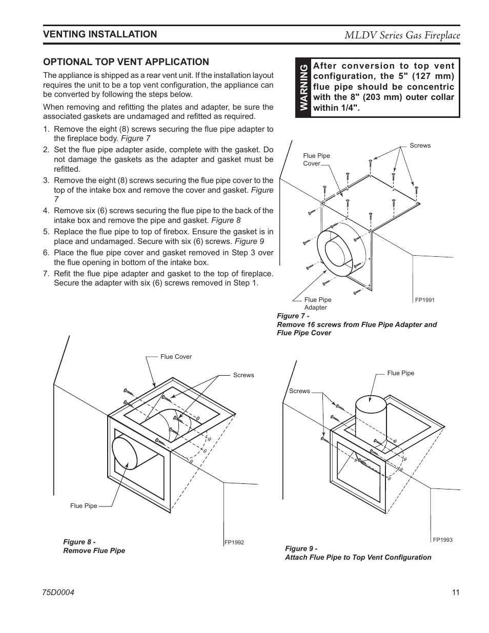 Mldv series gas fireplace, Fp1992 remove flue pipe | Monessen Hearth DIRECT VENT MLDV500 User Manual | Page 11 / 68