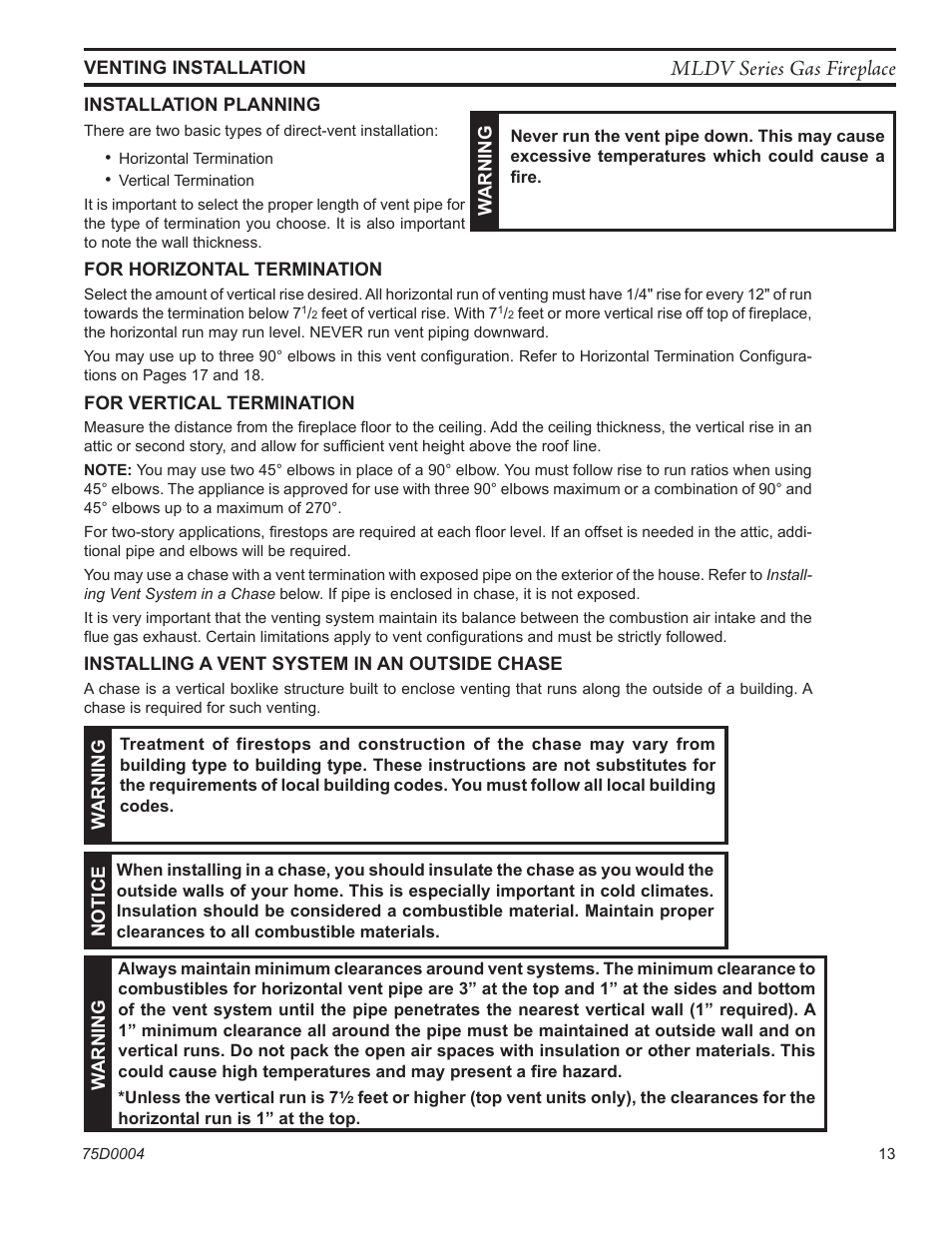 Mldv series gas fireplace | Monessen Hearth DIRECT VENT MLDV500 User Manual | Page 13 / 68