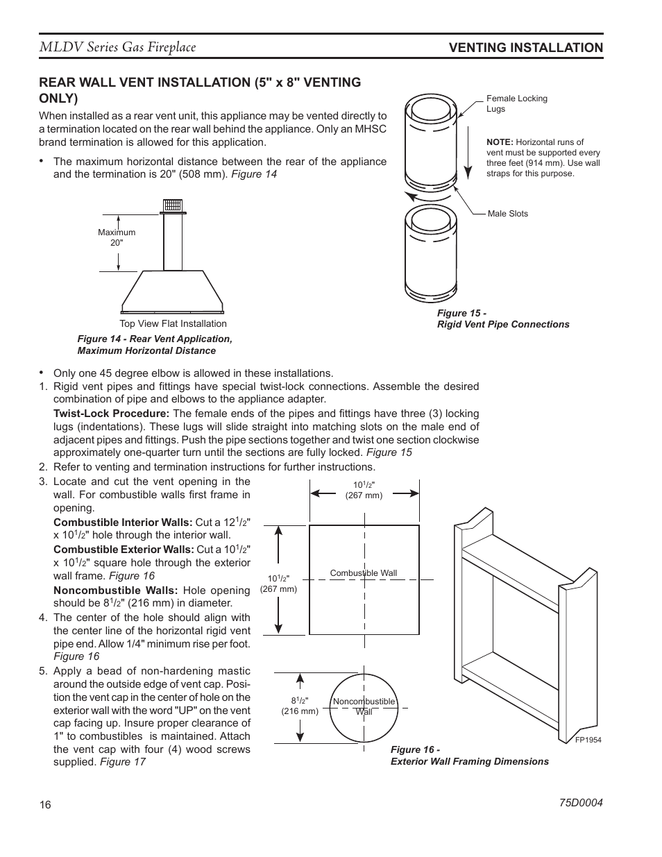 Mldv series gas fireplace, Fp1953 rigid pipe, Venting installation | Rear wall vent installation (5" x 8" venting only), Fp1954 wall framing | Monessen Hearth DIRECT VENT MLDV500 User Manual | Page 16 / 68