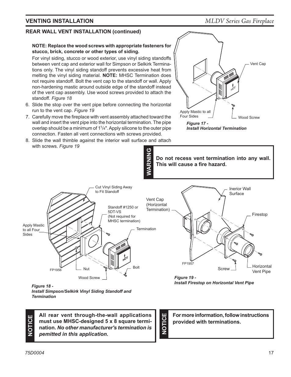 Mldv series gas fireplace, Fp1955 horizontal vent cap, Venting installation | Fp1956 vinyl siding, Fp1957 vent cap w hor pipe, Notice w arning notice | Monessen Hearth DIRECT VENT MLDV500 User Manual | Page 17 / 68