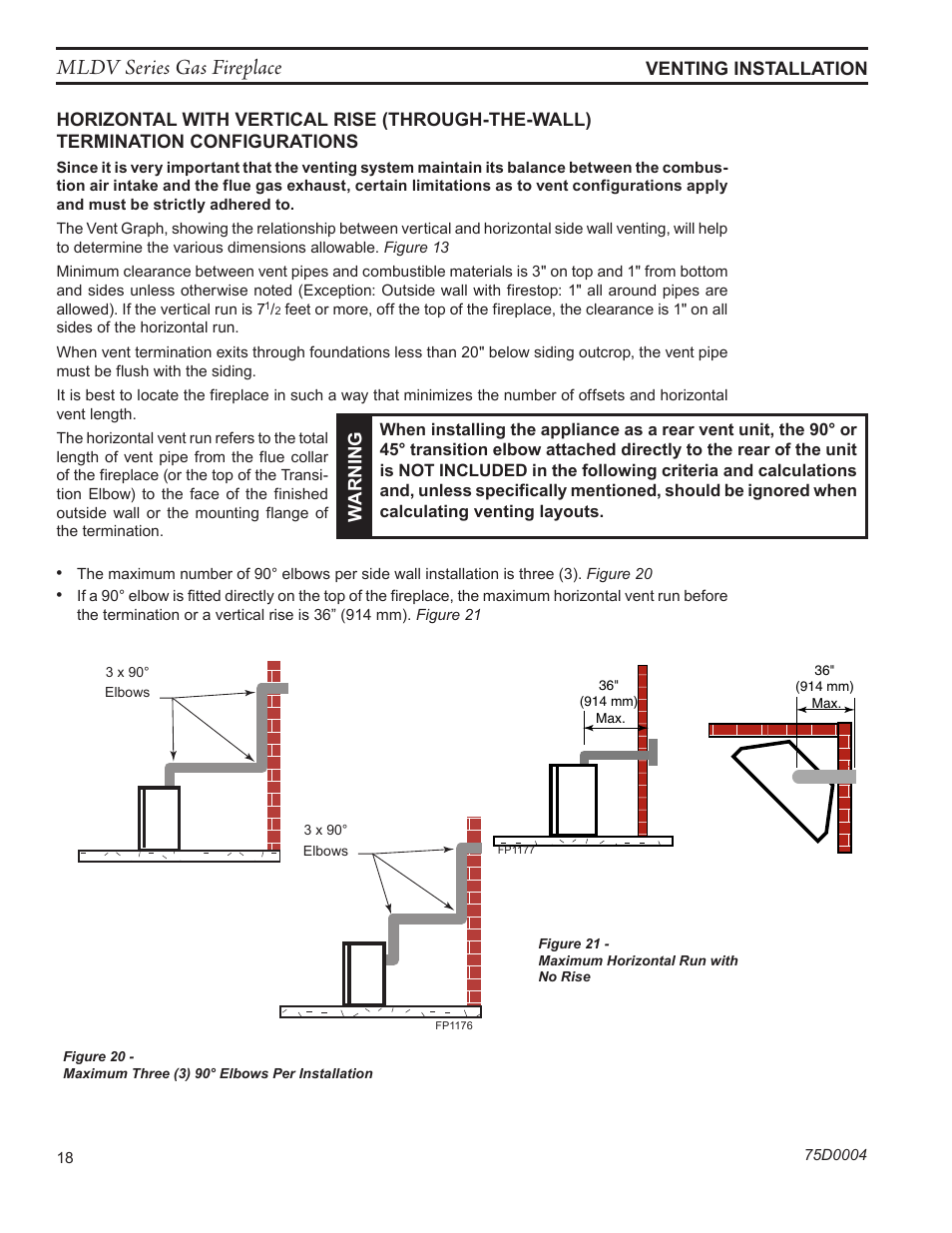 Mldv series gas fireplace, Fp1177 max horizontal run | Monessen Hearth DIRECT VENT MLDV500 User Manual | Page 18 / 68