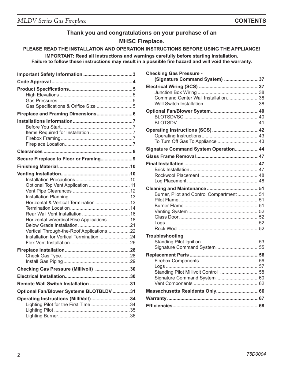 Mldv series gas fireplace | Monessen Hearth DIRECT VENT MLDV500 User Manual | Page 2 / 68