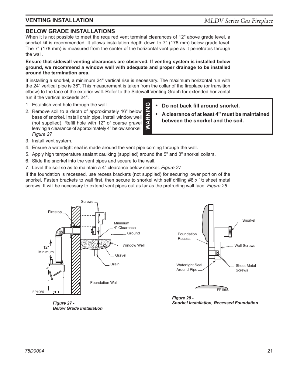 Mldv series gas fireplace, Venting installation below grade installations, Fp1965 below grade install | Fp1966 snorkel, Warning | Monessen Hearth DIRECT VENT MLDV500 User Manual | Page 21 / 68