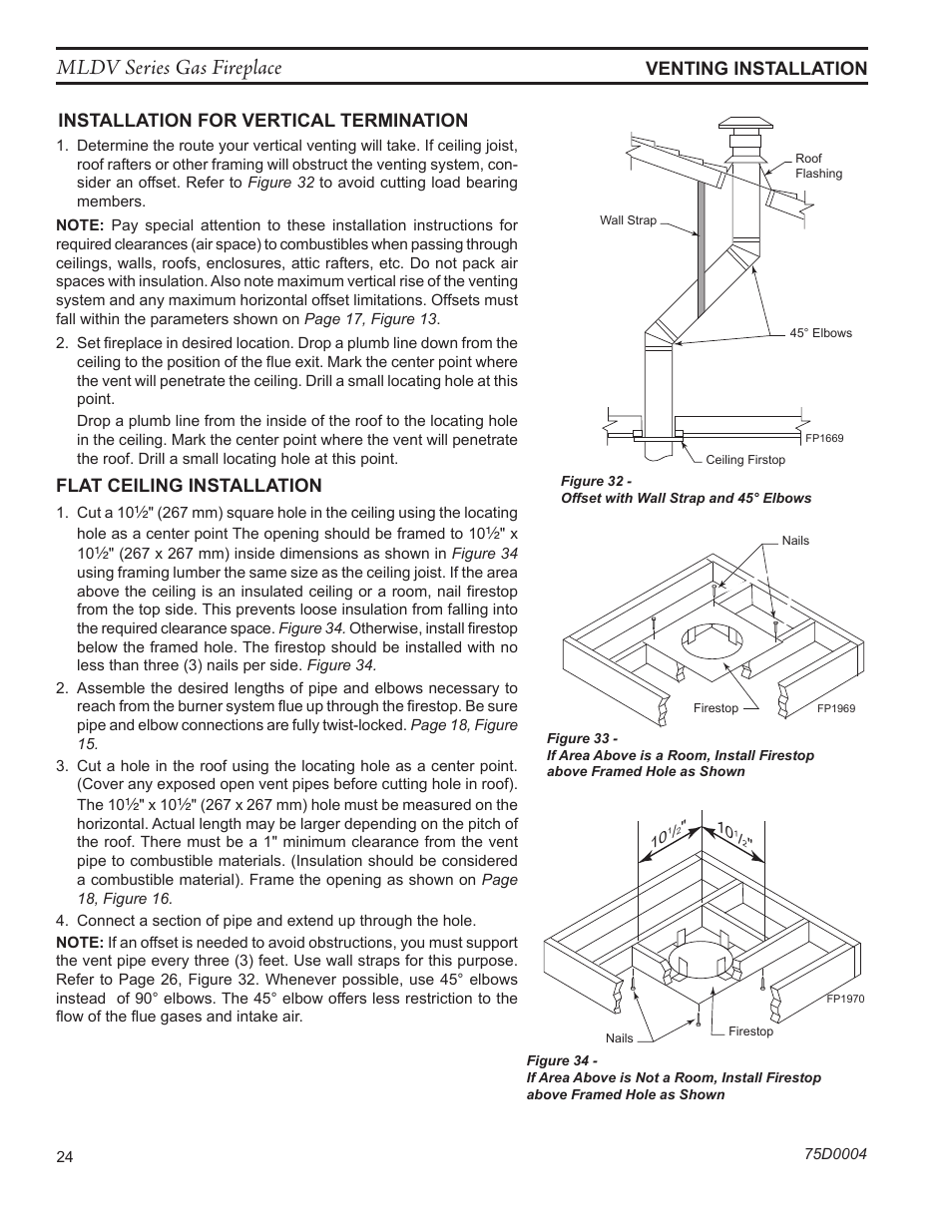 Mldv series gas fireplace, Flat ceiling installation | Monessen Hearth DIRECT VENT MLDV500 User Manual | Page 24 / 68
