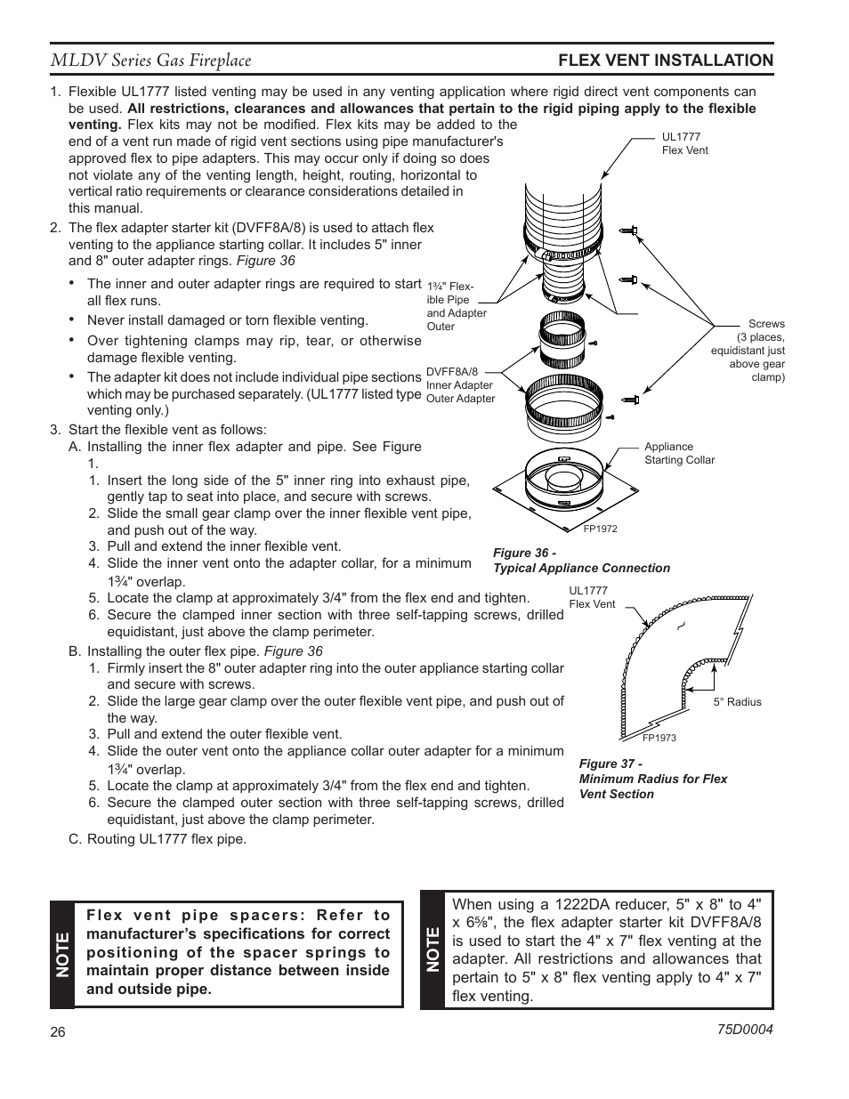 Fp1972 appliance connection, Mldv series gas fireplace, Fp1973 flex pipe bend | Monessen Hearth DIRECT VENT MLDV500 User Manual | Page 26 / 68
