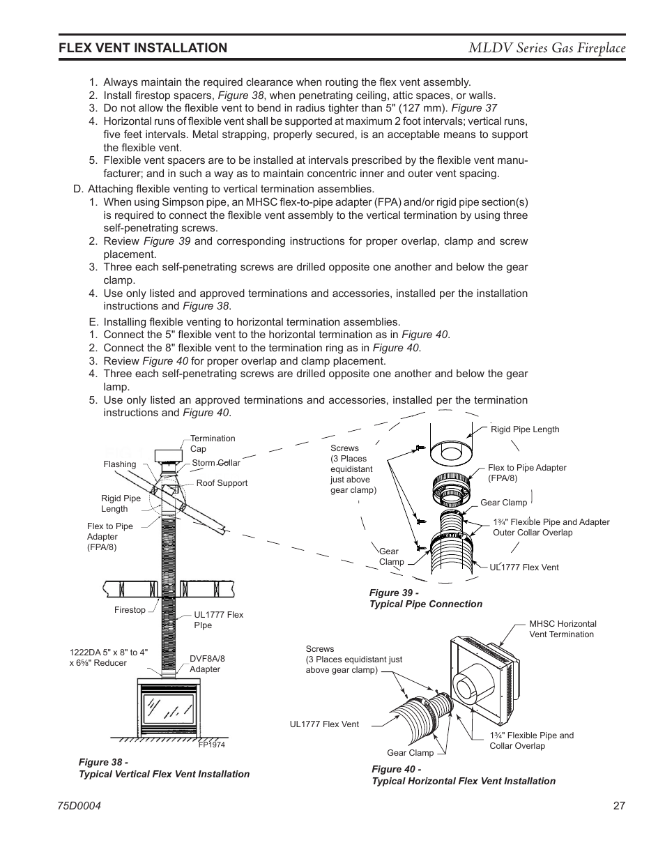 Mldv series gas fireplace, Flex vent installation, Fp1975 pipe connection | Fp1976 horizontal flex | Monessen Hearth DIRECT VENT MLDV500 User Manual | Page 27 / 68