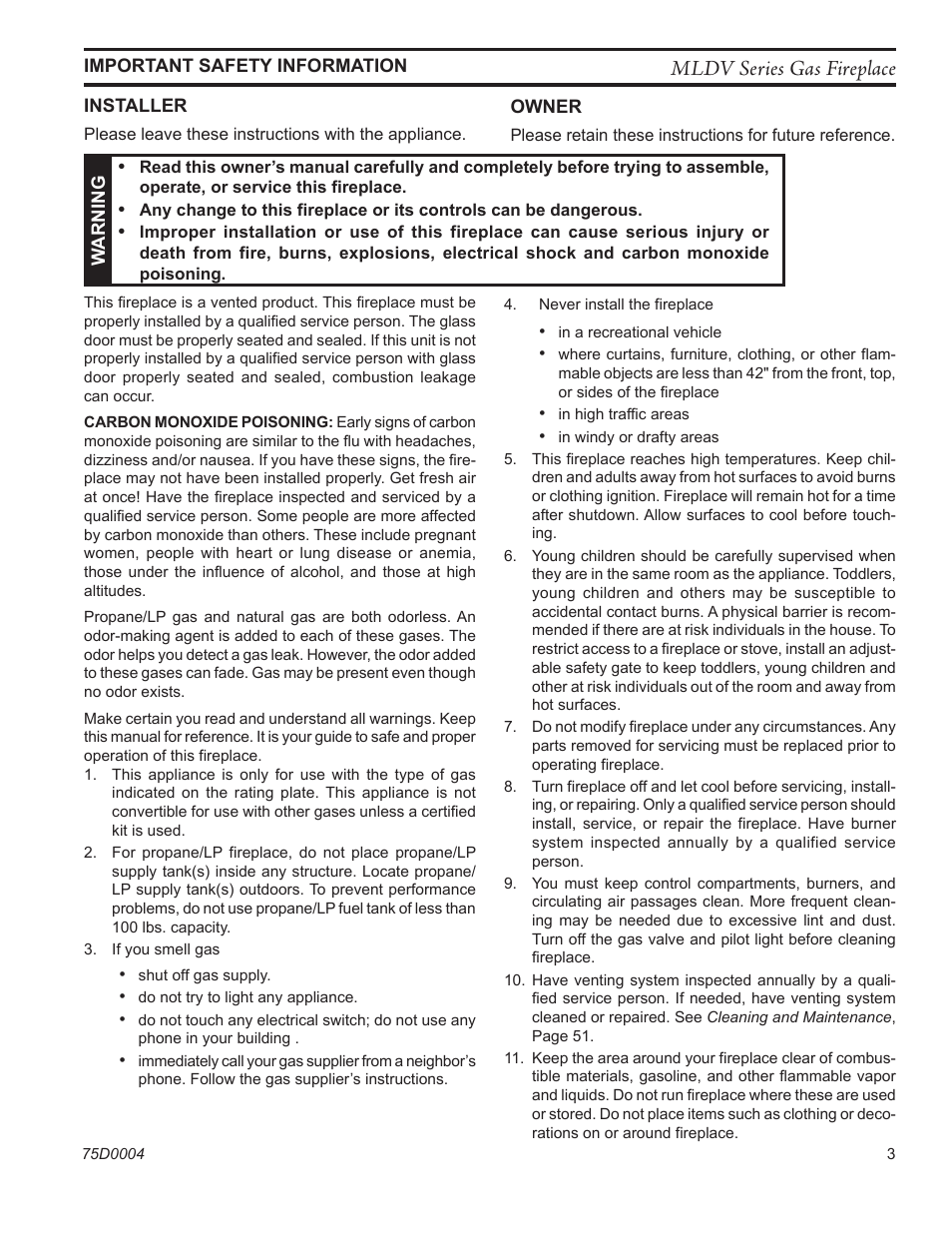 Mldv series gas fireplace | Monessen Hearth DIRECT VENT MLDV500 User Manual | Page 3 / 68