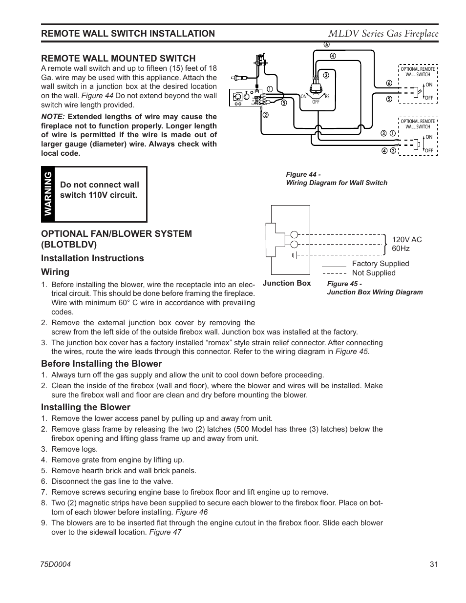 Mldv series gas fireplace, Remote wall mounted switch, Before installing the blower | Installing the blower, Warning, Do not connect wall switch 110v circuit | Monessen Hearth DIRECT VENT MLDV500 User Manual | Page 31 / 68