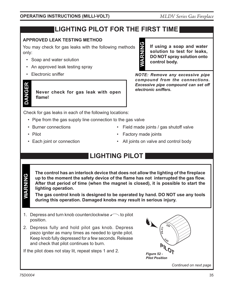 Lighting pilot, Lighting pilot for the first time, Pilot | Mldv series gas fireplace, Warning, Danger | Monessen Hearth DIRECT VENT MLDV500 User Manual | Page 35 / 68
