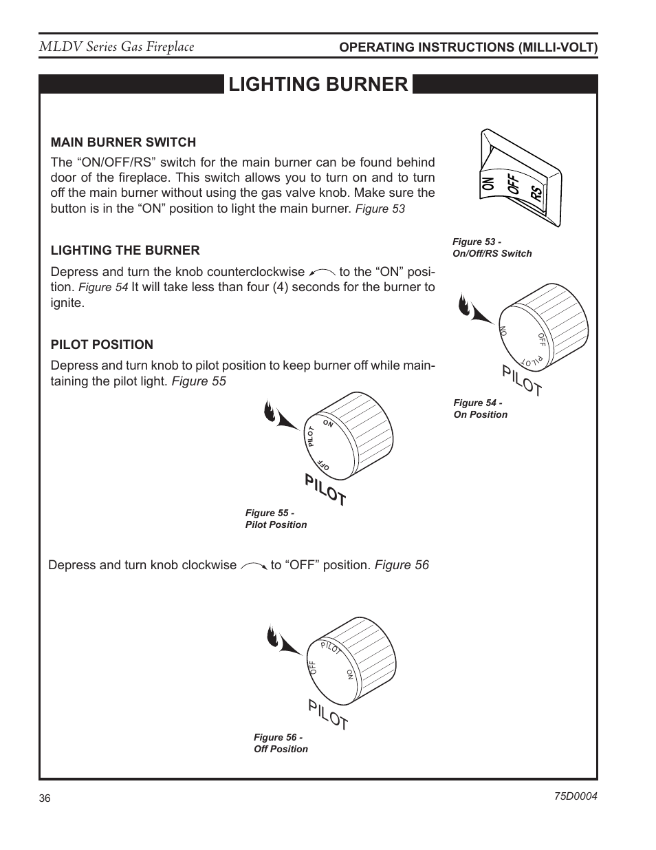 Lighting burner, Pilot, Mldv series gas fireplace | Monessen Hearth DIRECT VENT MLDV500 User Manual | Page 36 / 68