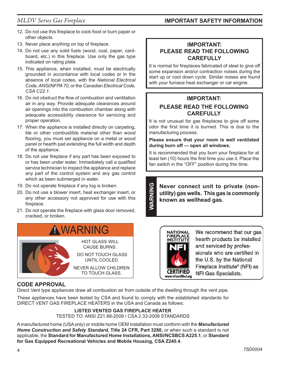 Warning, Mldv series gas fireplace | Monessen Hearth DIRECT VENT MLDV500 User Manual | Page 4 / 68