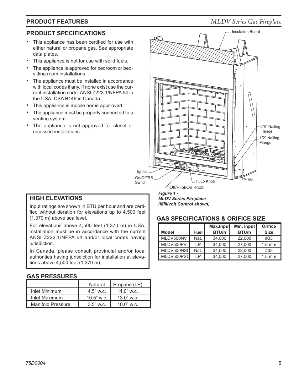 Mldv series gas fireplace | Monessen Hearth DIRECT VENT MLDV500 User Manual | Page 5 / 68