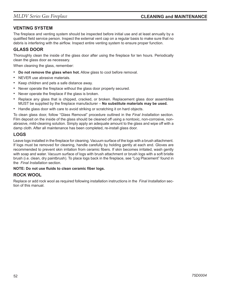 Mldv series gas fireplace | Monessen Hearth DIRECT VENT MLDV500 User Manual | Page 52 / 68