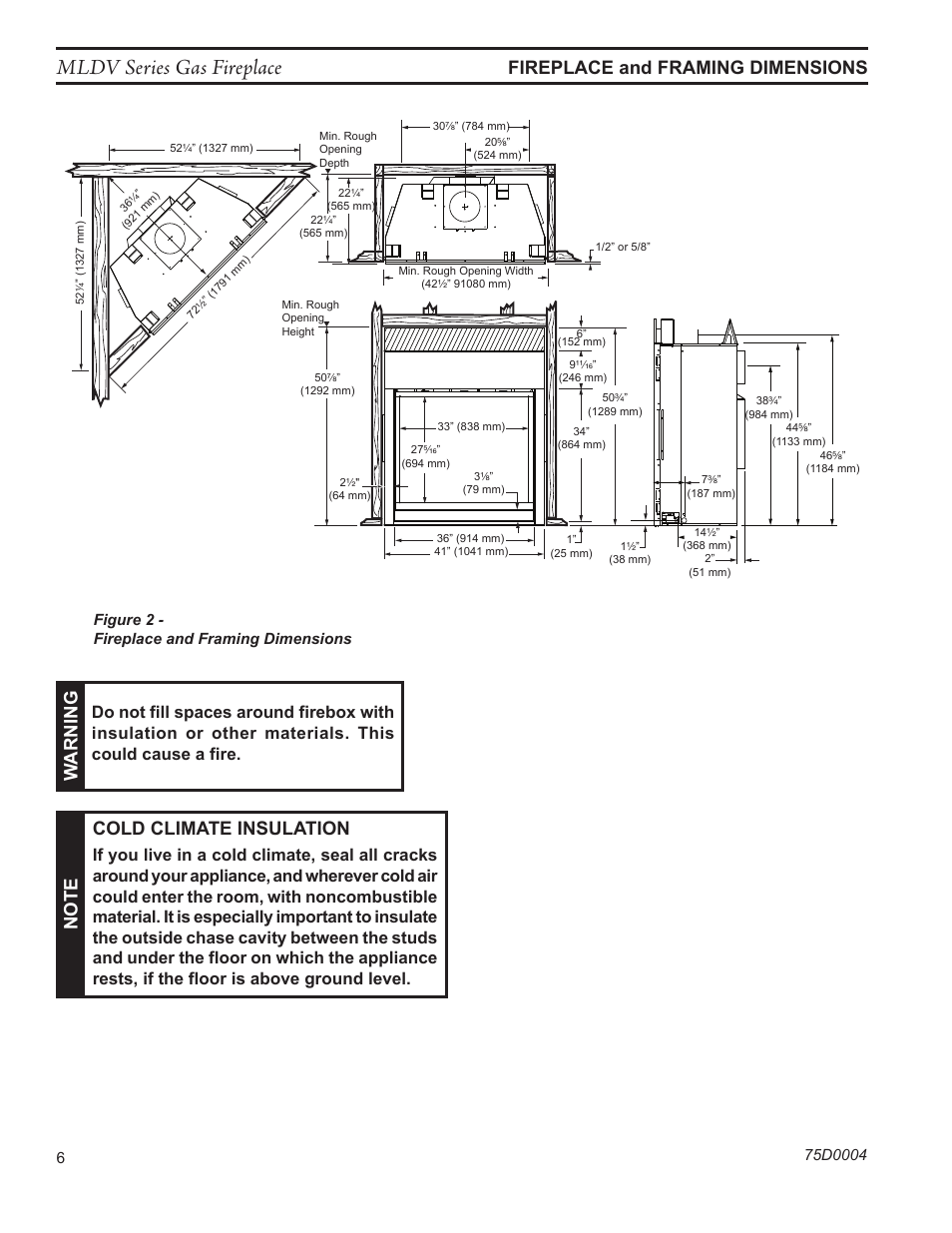Mldv series gas fireplace, Fireplace and framing dimensions, Warning | Monessen Hearth DIRECT VENT MLDV500 User Manual | Page 6 / 68