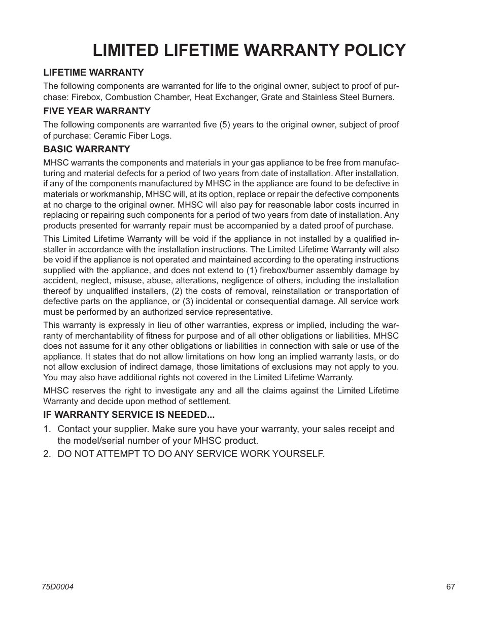 Limited lifetime warranty policy | Monessen Hearth DIRECT VENT MLDV500 User Manual | Page 67 / 68
